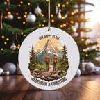 Our Happy Place Hiking - Personalized Circle Ceramic Ornament - Christmas Gift For Hiker, Hiking Lovers