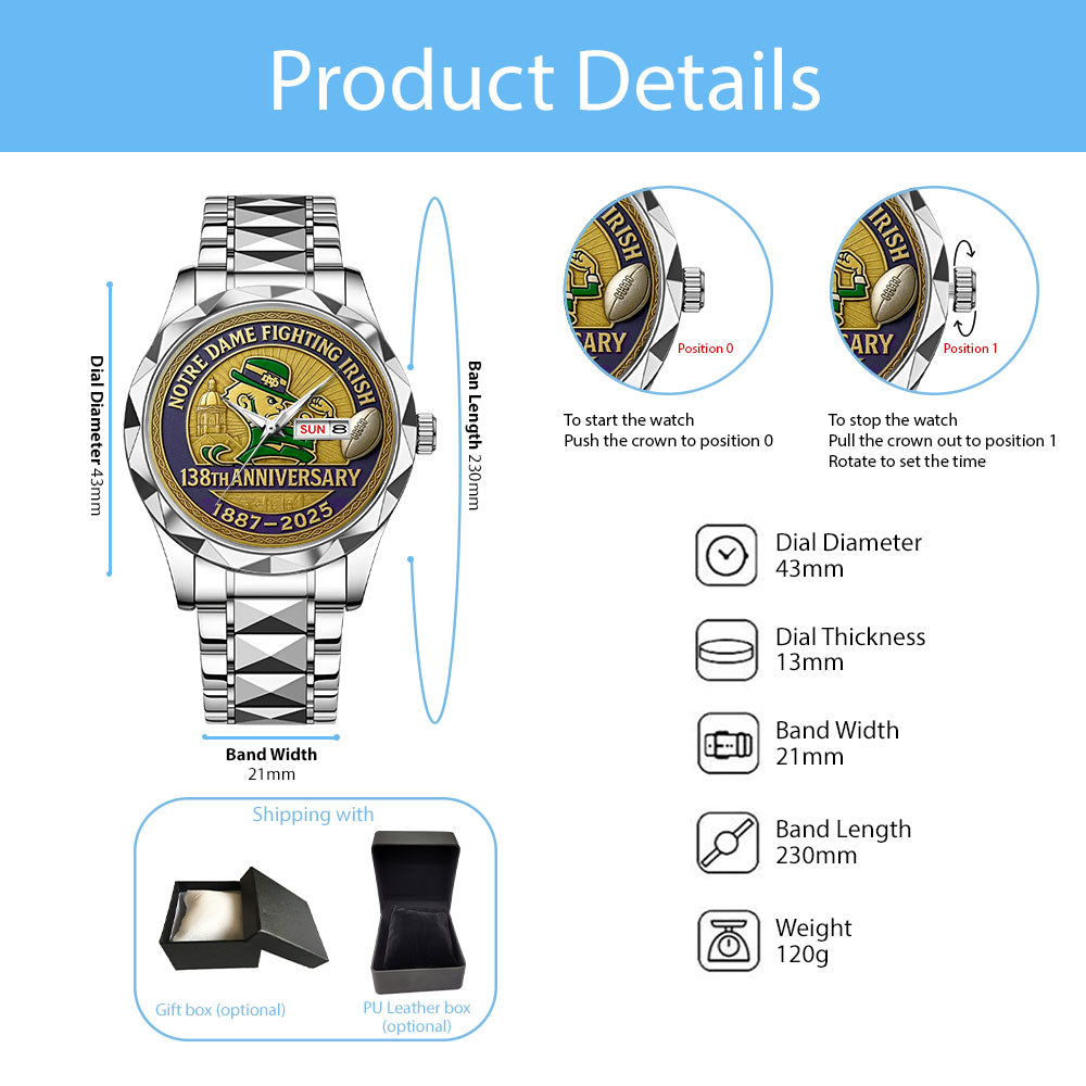 Notre Dame Fighting Irish Football 138th Anniversary Alloy Luxury Quartz Watch - MAITM12910
