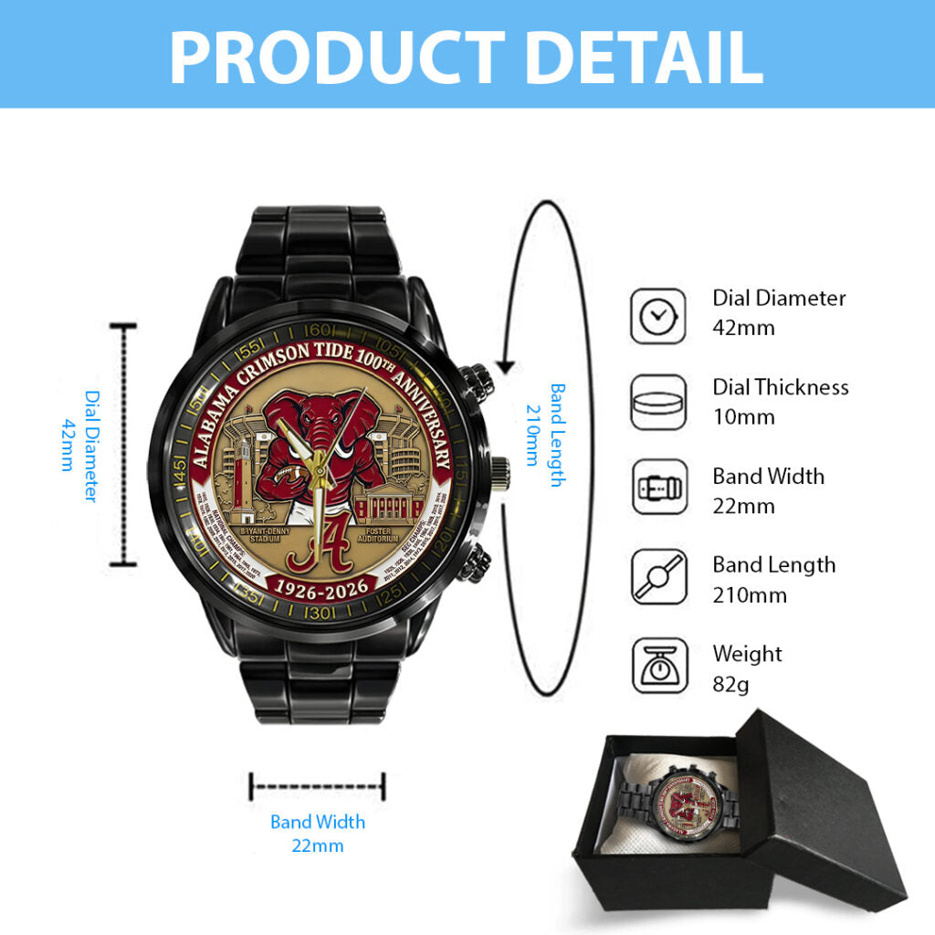 Alabama Crimson Tide Football 100th Anniversary 2026 Black Stainless Steel Watch - TANTN21313