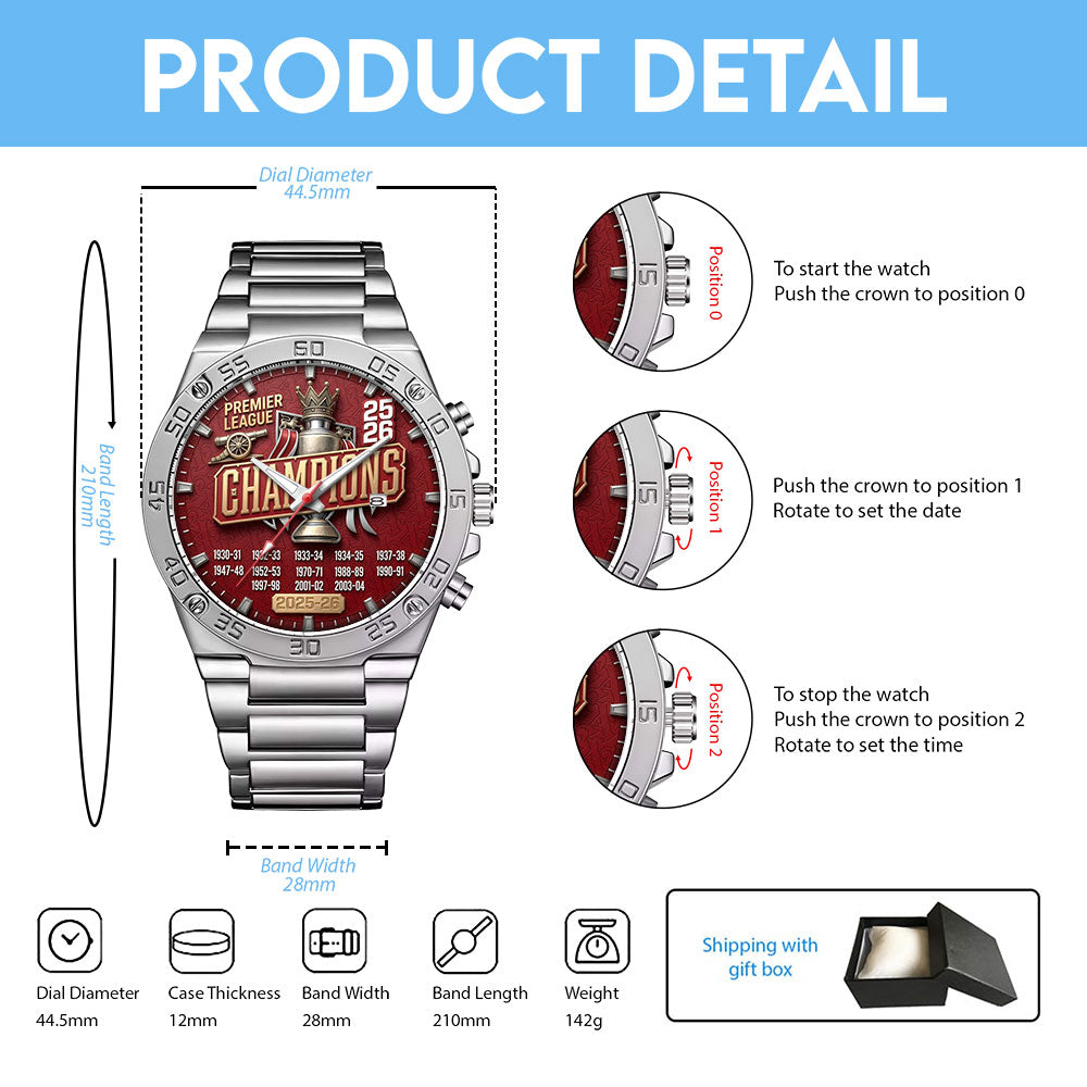 Arsenal FC Premier League Champions 25/26 Gentleman Stainless Steel Watch - TMTHU6341