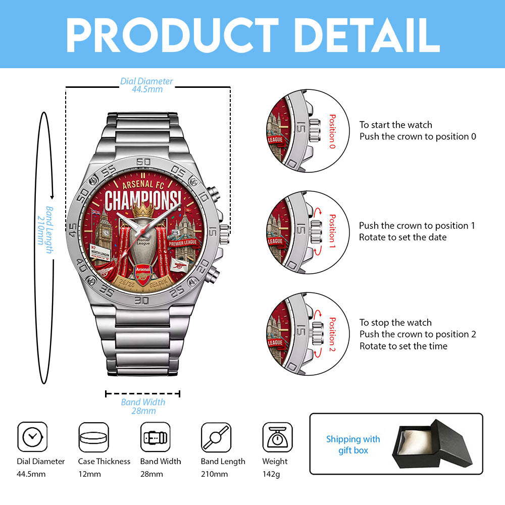 Arsenal FC Premier League Champions 25/26 Gentleman Stainless Steel Watch - TMTHU6336