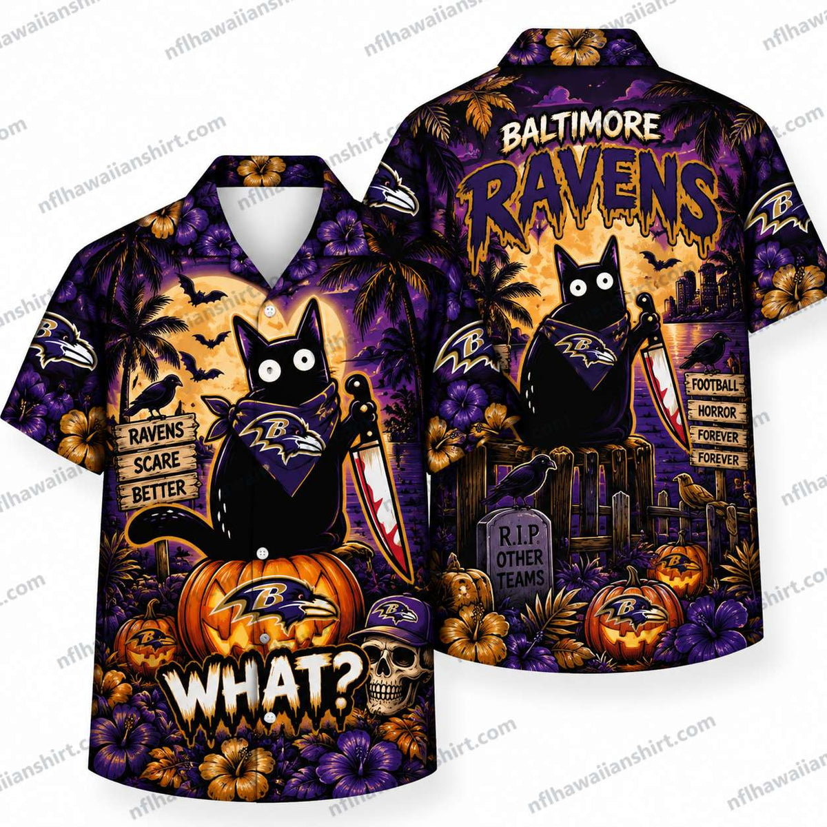 Baltimore Ravens Black Cat Knife What Halloween Hawaiian Shirt