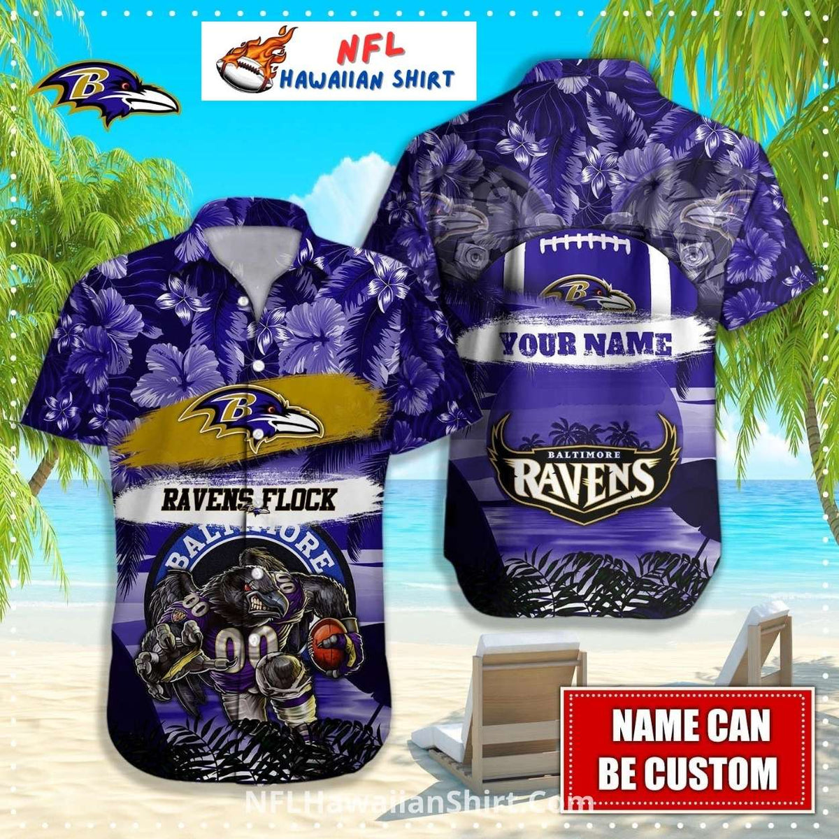 Baltimore Ravens Floral Flock Customizable Aloha Shirt