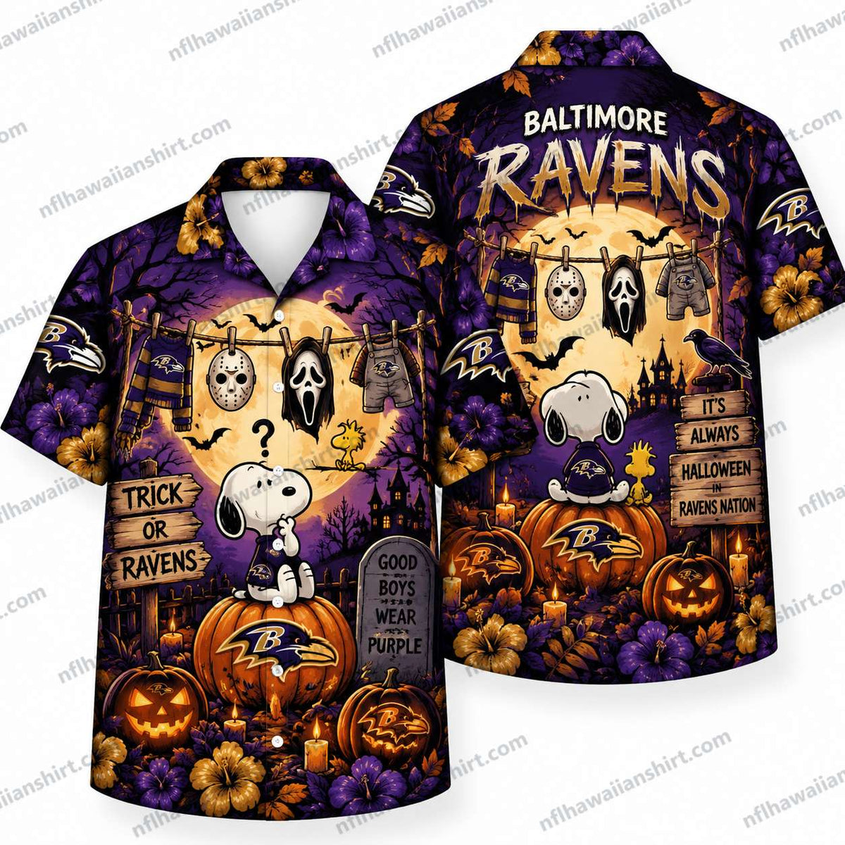 Baltimore Ravens Snoopy Halloween Mask Display Hawaiian Shirt