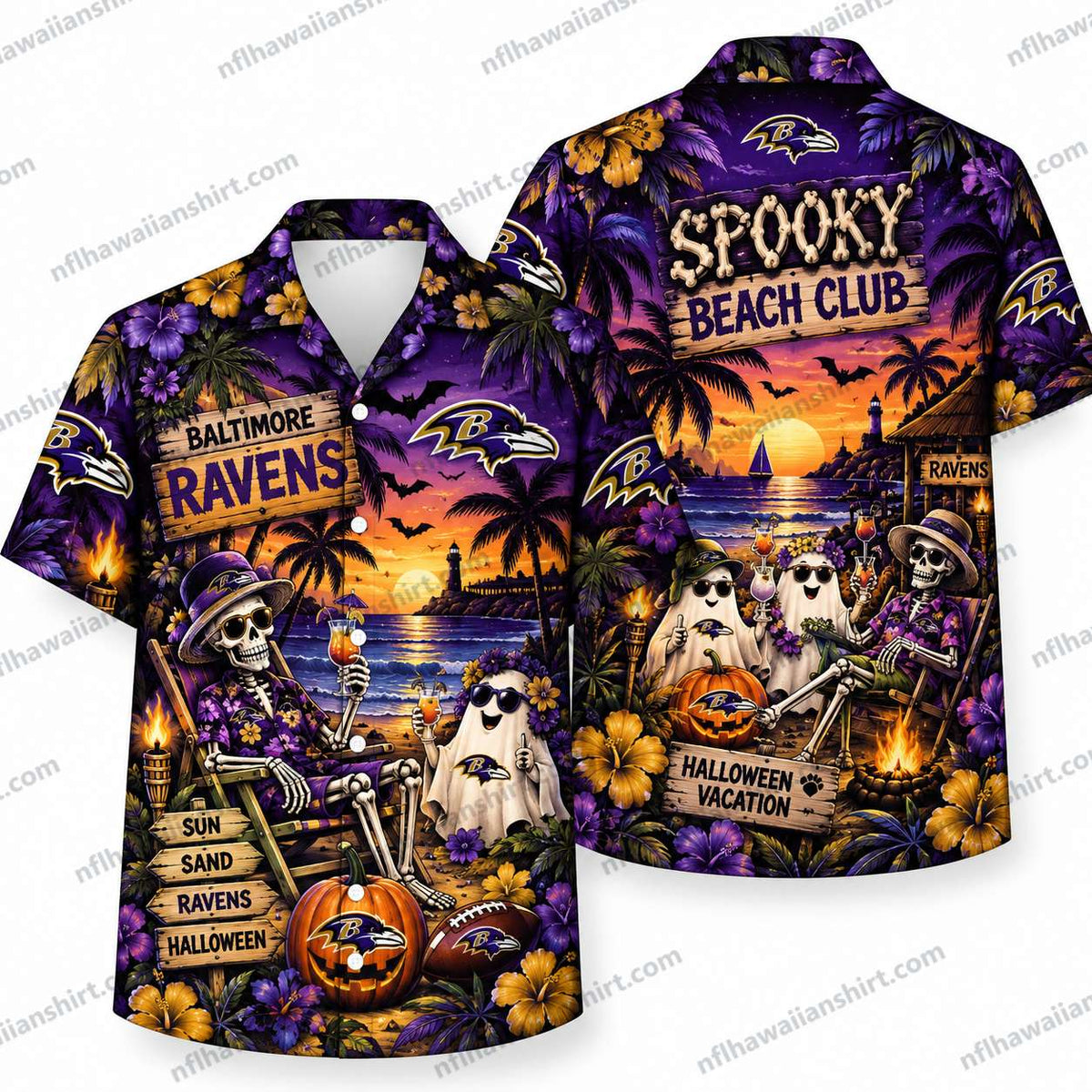 Baltimore Ravens Spooky Beach Club Dogs Halloween Hawaiian Shirt