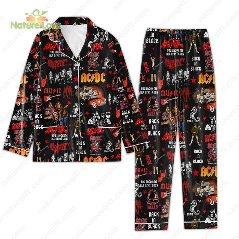 Band Play Guitar ACDC Pajamas Set Black In Black Rock and Roll Pjs