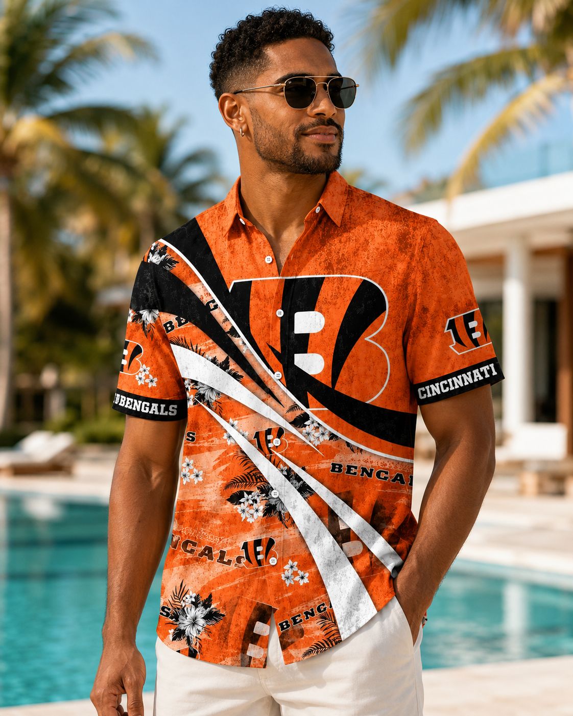 Cincinnati Bengals Aloha Shirt with Bold Logo and Modern Stripes