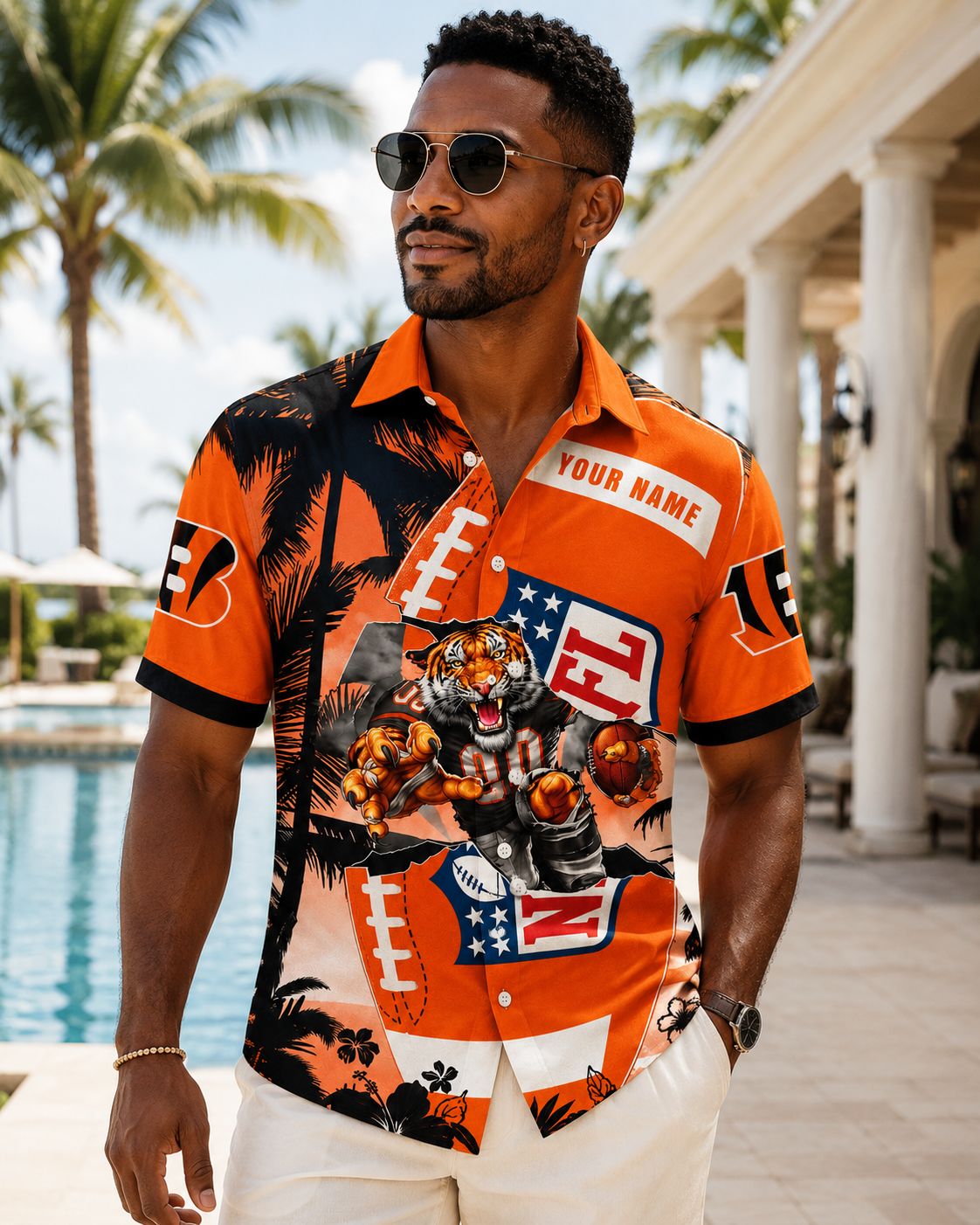 Bengals Beachside Blitz Hawaiian Shirt with Custom Name and Tiger Mascot