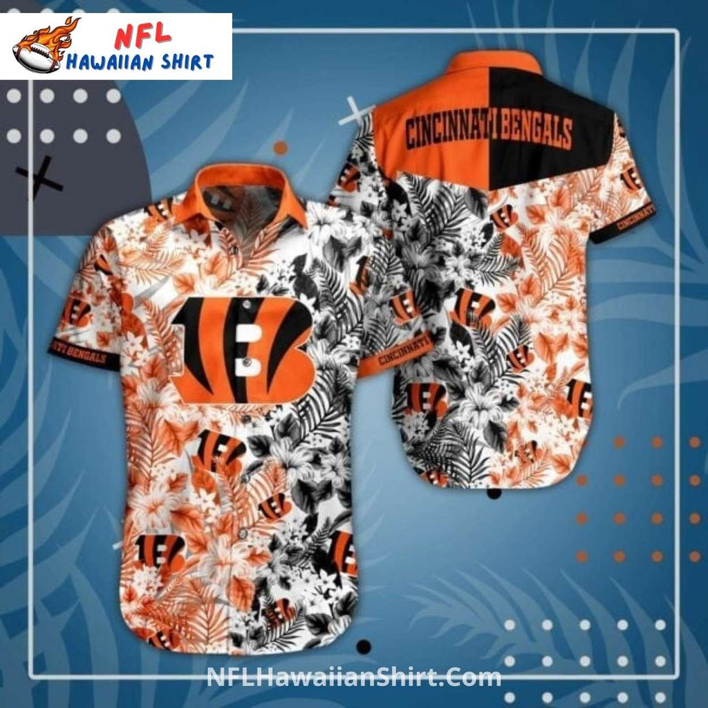 Bengals Hawaiian Shirt With Large Logo And Leaf Design