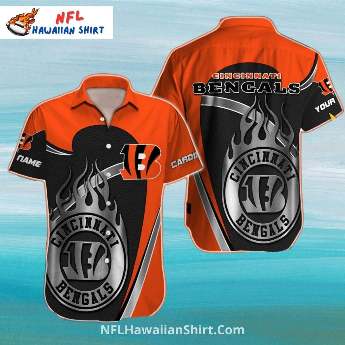 Bengals Hawaiian Shirt With Metallic Flame Emblem Design