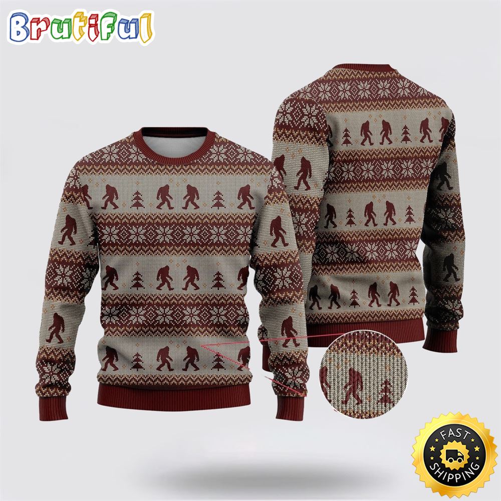 Bigfoot Red And Gray Pattern Ugly Christmas Sweater