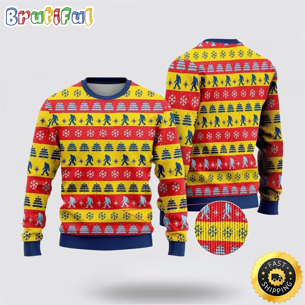 Bigfoot Red And Yellow Pattern Ugly Christmas Sweater