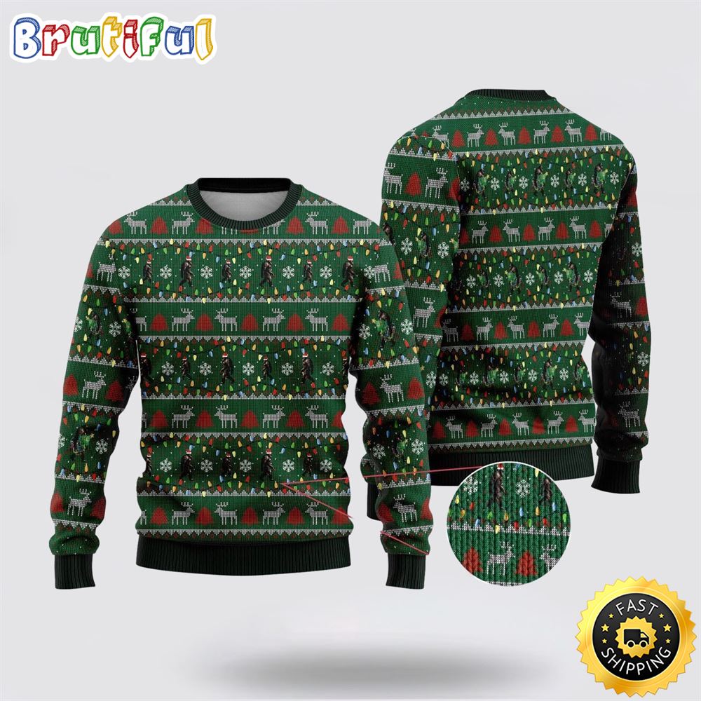 Bigfoot Santa Claus Green Pattern Ugly Christmas Sweater