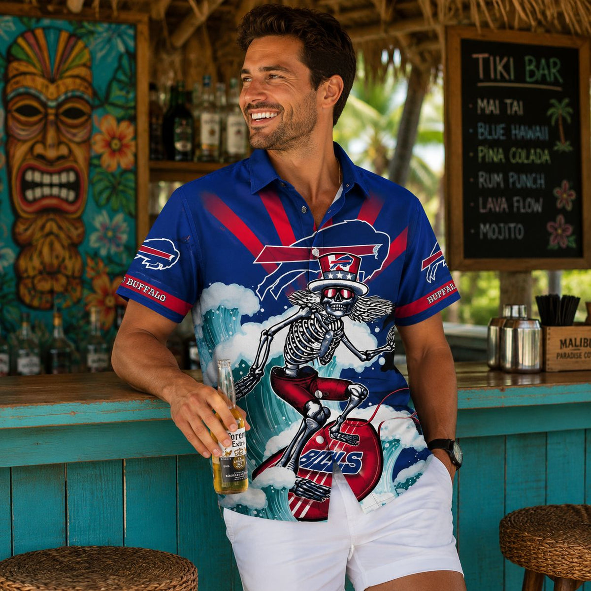 Bills Aloha Shirt – Grateful Dead Skeleton with Surfboard Design