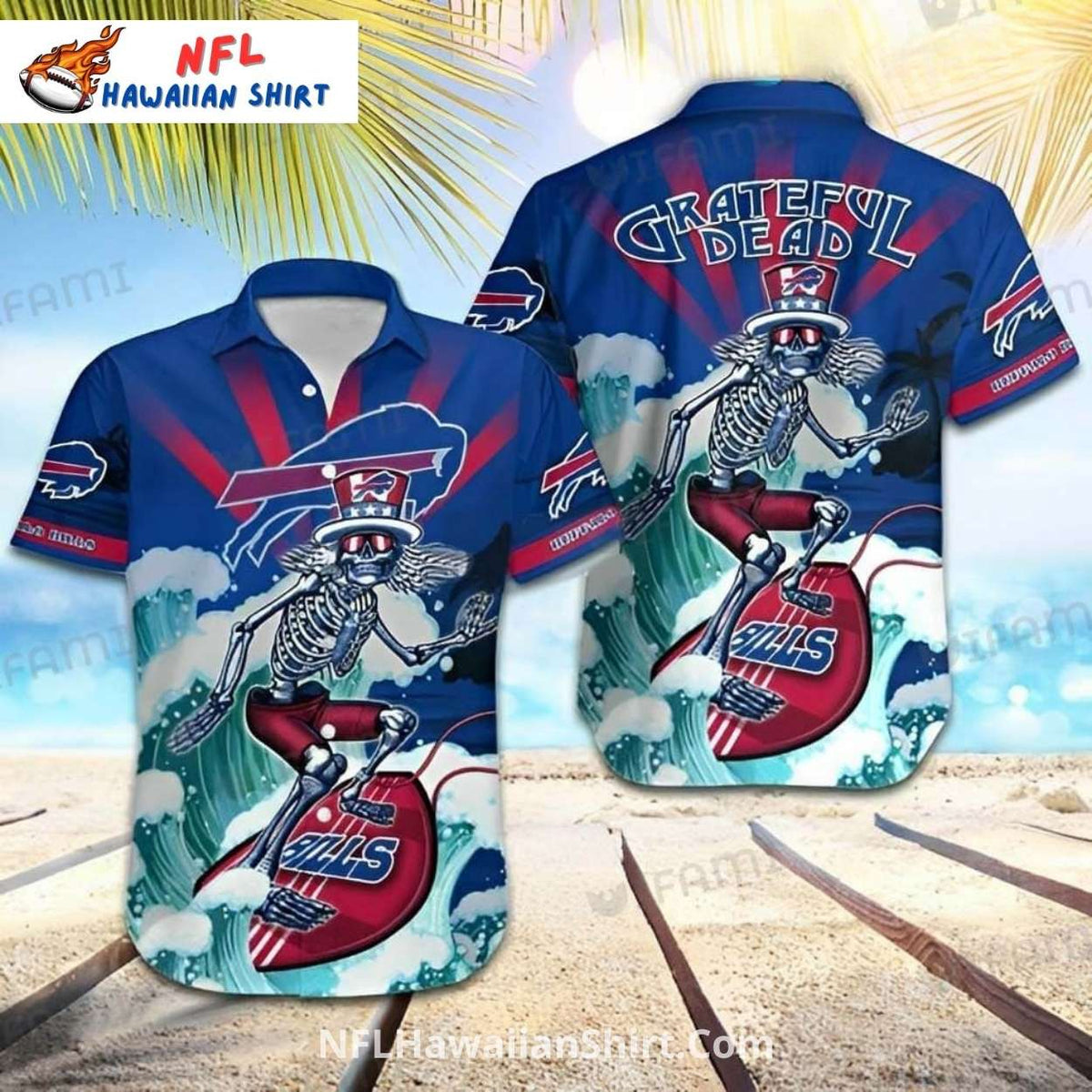 Bills Aloha Shirt – Grateful Dead Skeleton with Surfboard Design