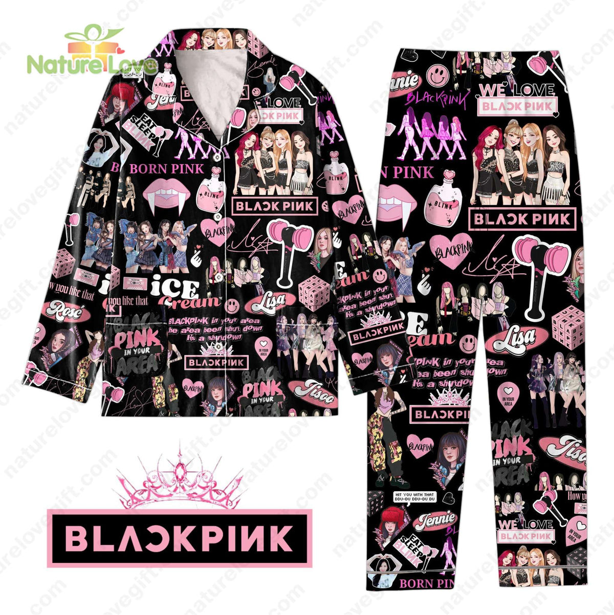 Black Pink In Your Area Jennie Jisoo Lisa Rose Pajamas Set
