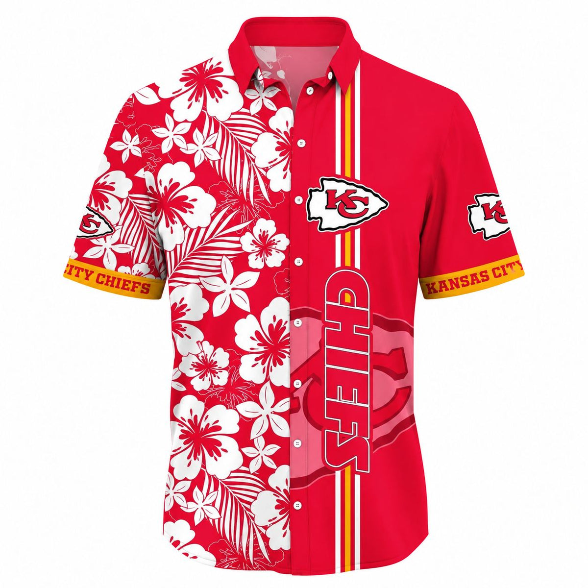 Chiefs Floral Blitz: Kansas City Chiefs Men’s Hawaiian Shirt with Dense Tropical Floral Print