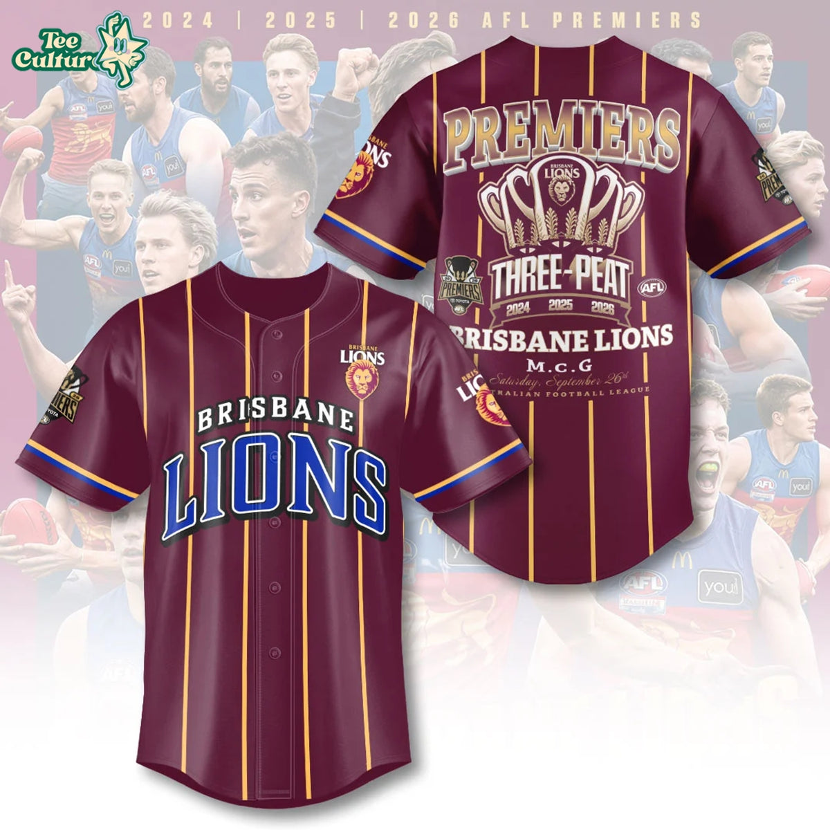 Brisbane Lions Threepeat Premiers Baseball Jersey