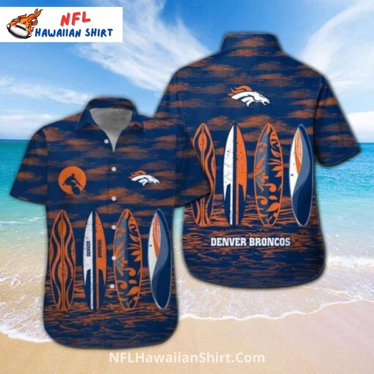 Broncos Aloha Shirt Surfboard Beach Theme Blue And Orange