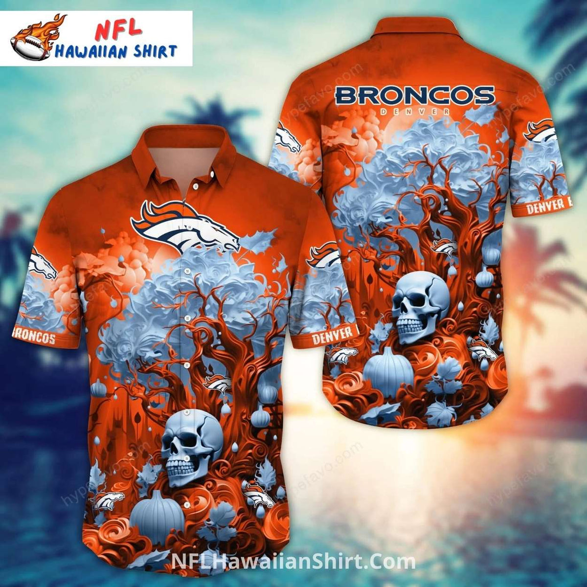 Broncos Hawaiian Shirt Skull And Fire Tree Art Style