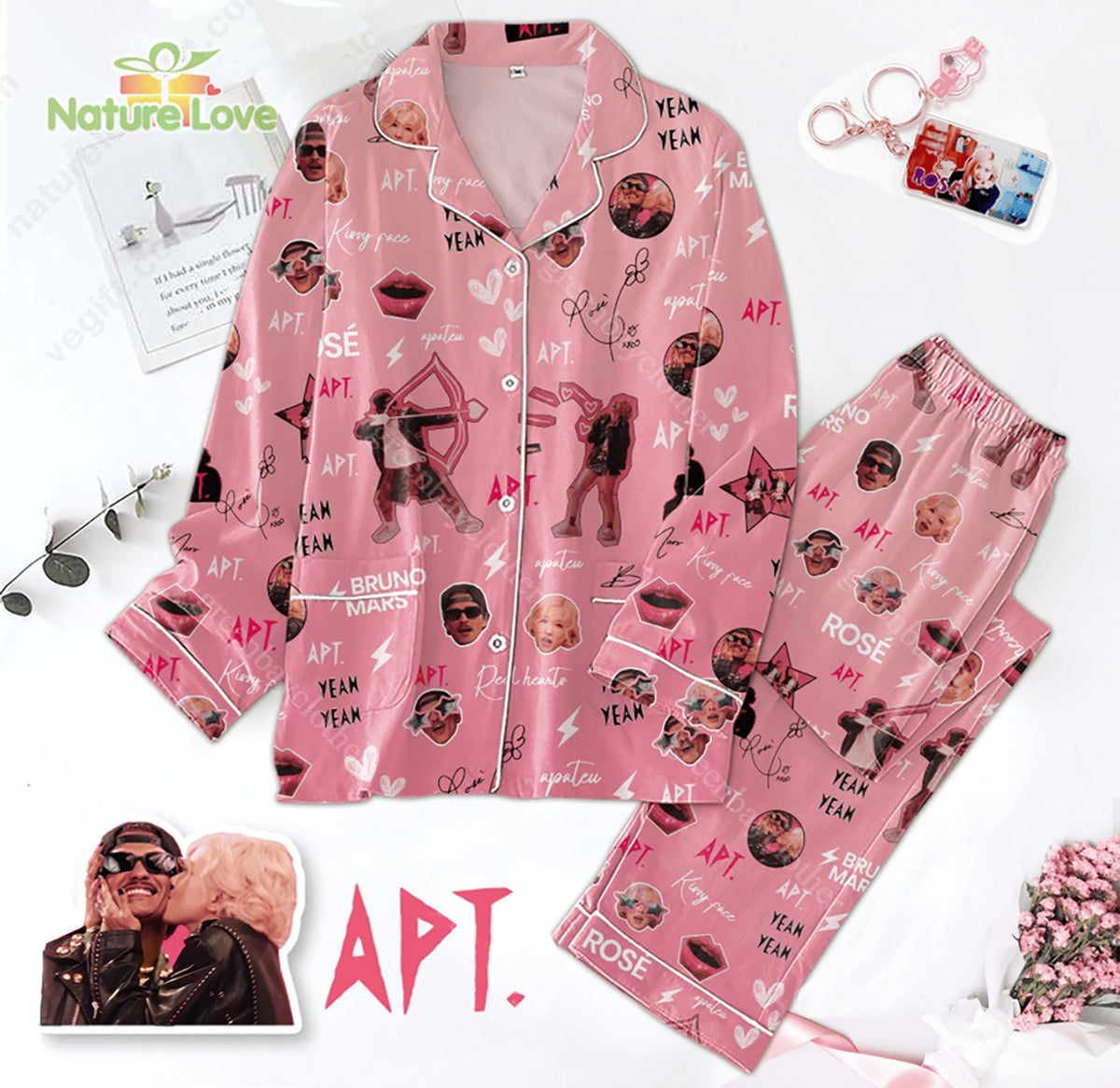 Rose Bruno Mars APT Pajamas Set Pink Pajamas Sets for Fans