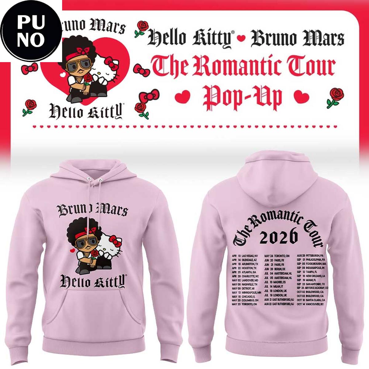 Bruno Mars x Hello Kitty 2026 The Romantic Tour Pop-Up Schedule Hoodie T-Shirt