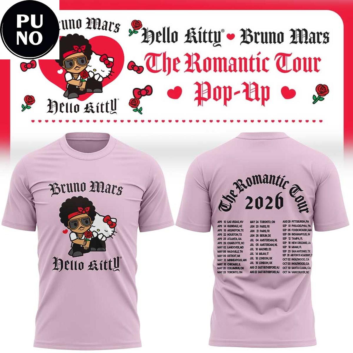Bruno Mars x Hello Kitty 2026 The Romantic Tour Pop-Up Schedule Hoodie T-Shirt