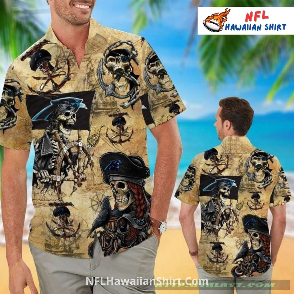 Carolina Panthers Aloha Shirt Vintage Pirate Skull Map Design