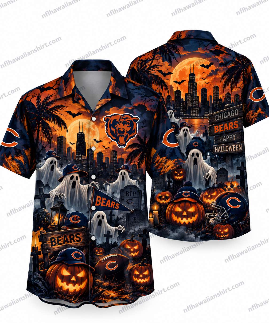 Chicago Bears Ghost Graveyard Halloween Hawaiian Shirt