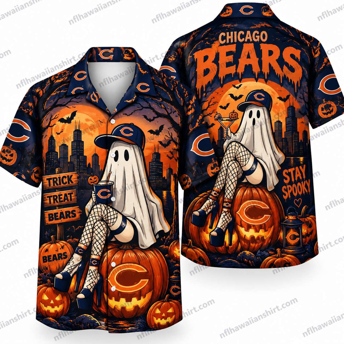 Chicago Bears Ghost Pumpkin Night Halloween Hawaiian Shirt