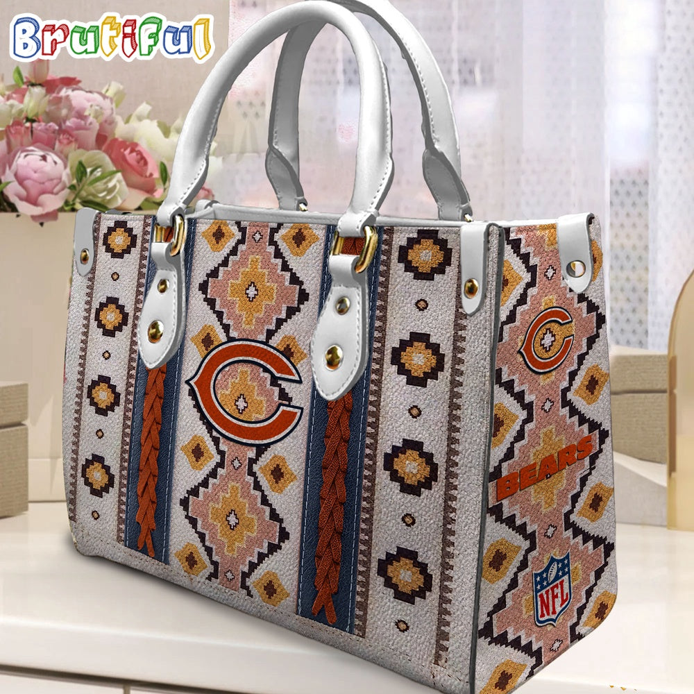NFL Chicago Bears Native American Pattern Leather Bag, Football Women Leather Bag