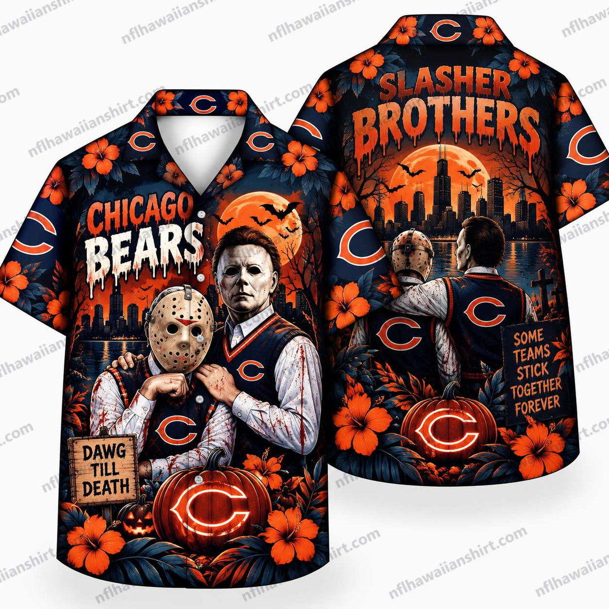 Chicago Bears Slasher Brothers Ensemble Halloween Hawaiian Shirt