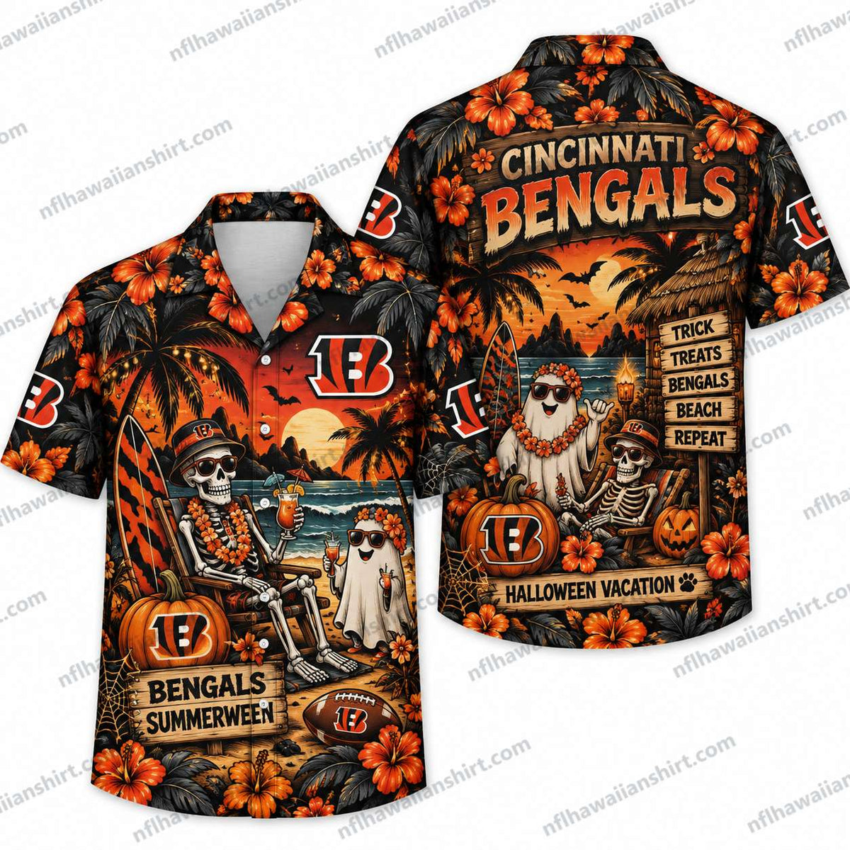 Cincinnati Bengals Skeleton Summerween Vacation Halloween Hawaiian Shirt