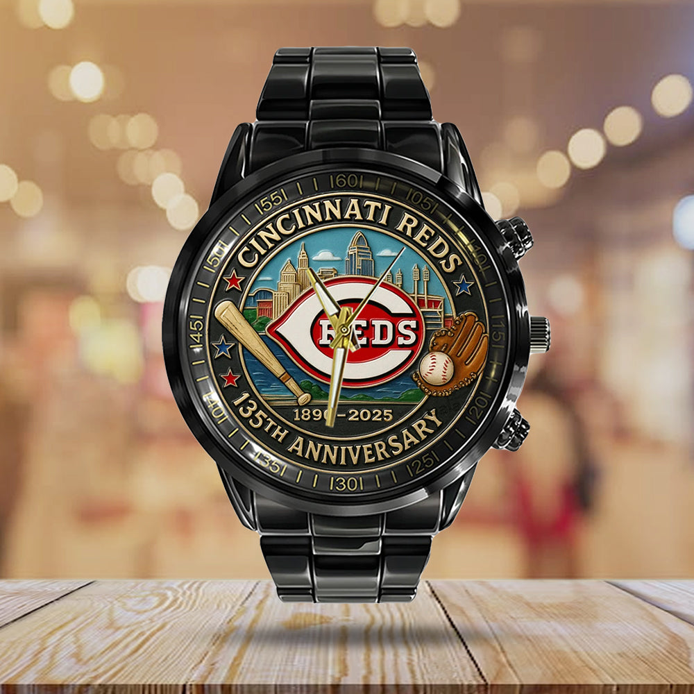 Cincinnati Reds 135th Anniversary 2025 Black Stainless Steel Watch - TANTN17068