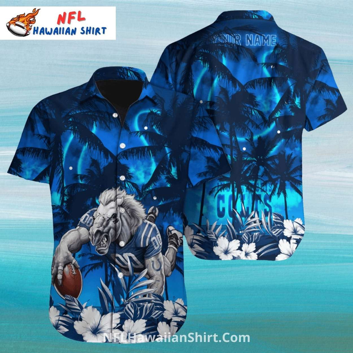 Colts Aloha Shirt Blue Palm Trees And Charging Horse