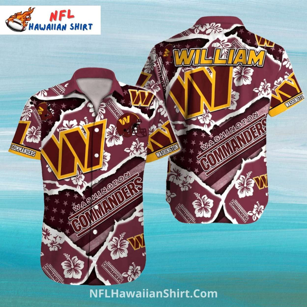Commanders Hibiscus And Torn Paper Design Hawaiian Shirt