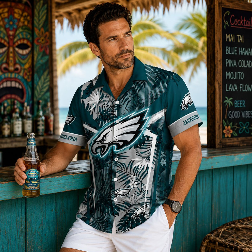 Custom Name Eagles Tropical Leaf Hawaiian Shirt