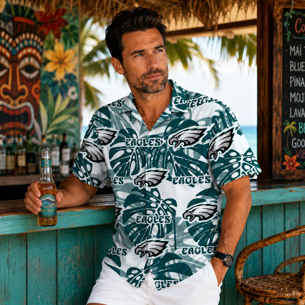 Custom Eagles Tropical Leaves Aloha Shirt
