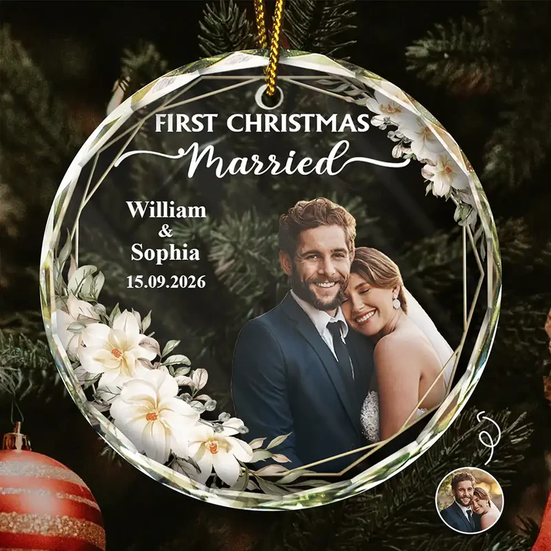 Custom Photo First Christmas Married - Personalized Circle Glass Ornament - Christmas Gift For Her/Him, Husband/Wife, Couples