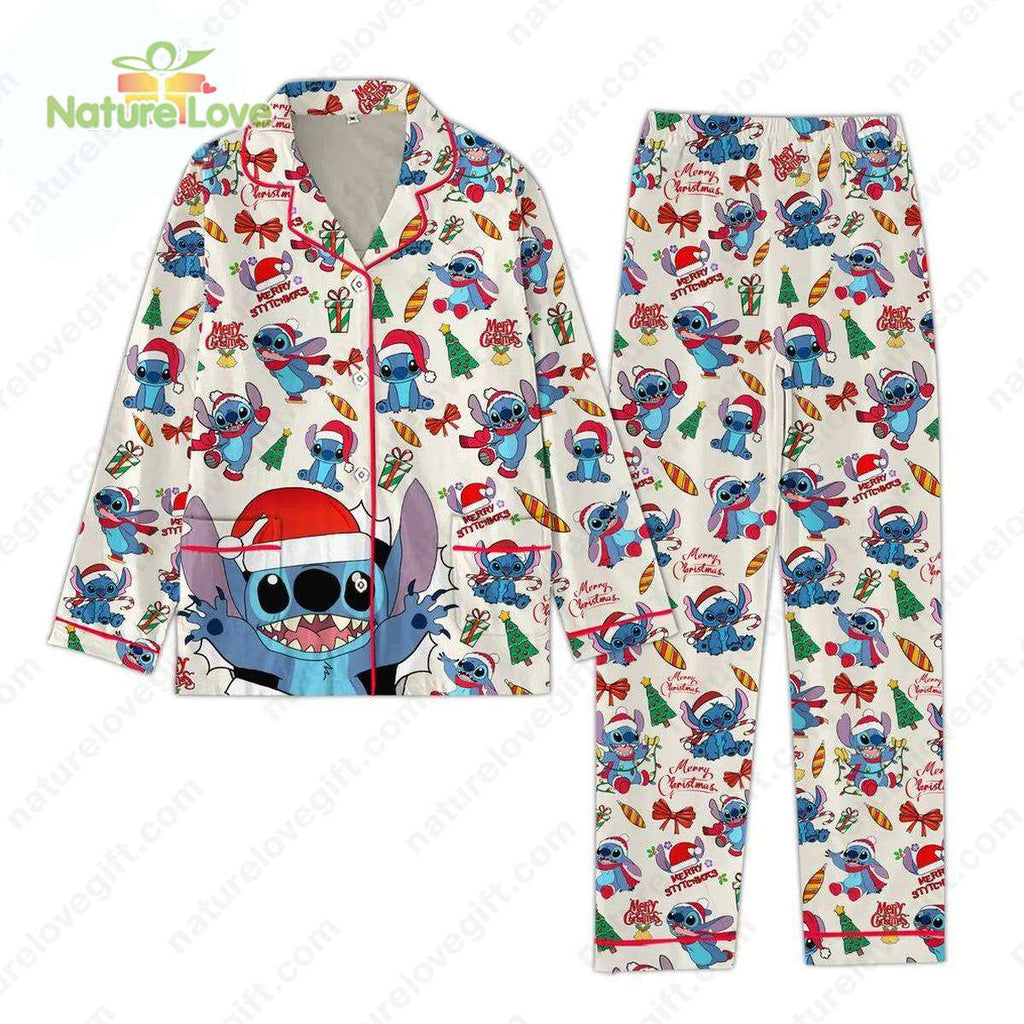 Cute Stitch Disney​ Christmas Pajamas Set Merry Stitchmas PJs