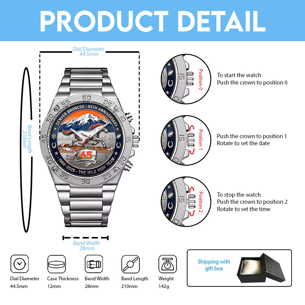Denver Broncos 65th Anniversary Gentleman Stainless Steel Watch - HOATT15222