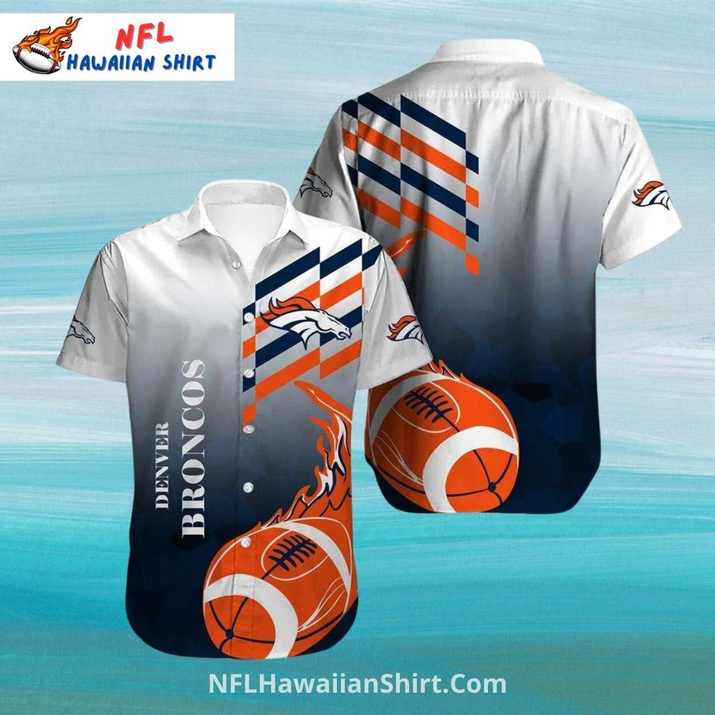 Denver Broncos White And Blue Gradient Football Flame Button-Up Shirt