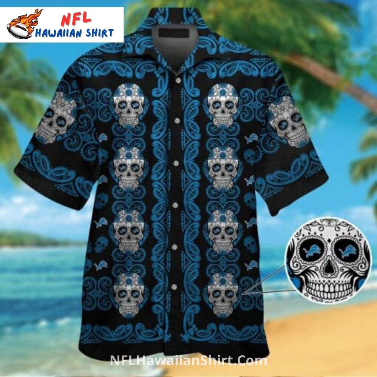 Detroit Lions Aloha Shirt Black And Blue Skull Print