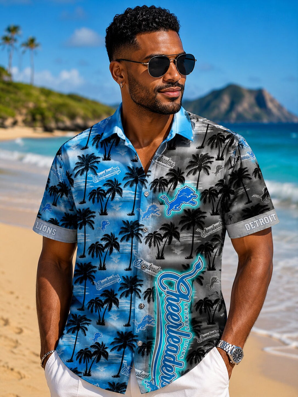 Detroit Lions Beachside Palm Shadows Hawaiian Shirt
