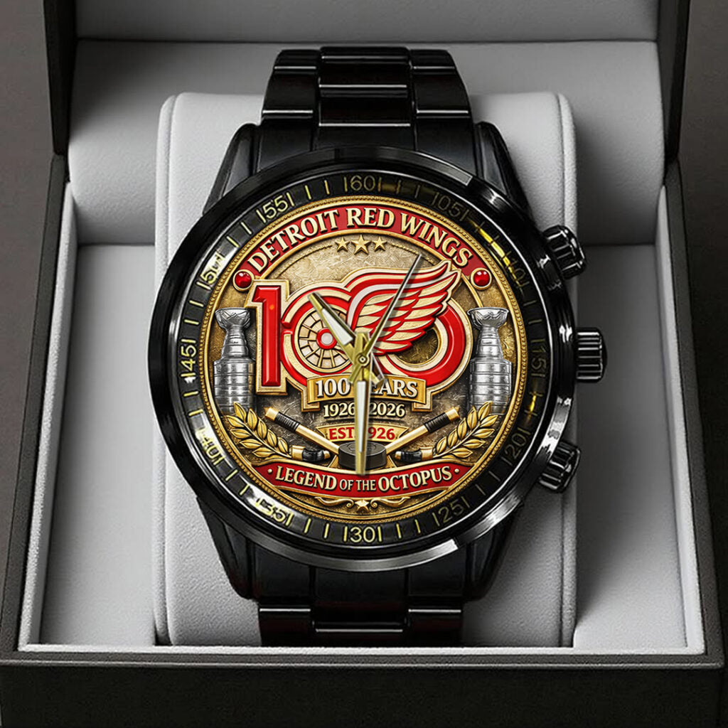 Detroit Red Wings 100th Anniversary Black Stainless Steel Watch - TANTN21495