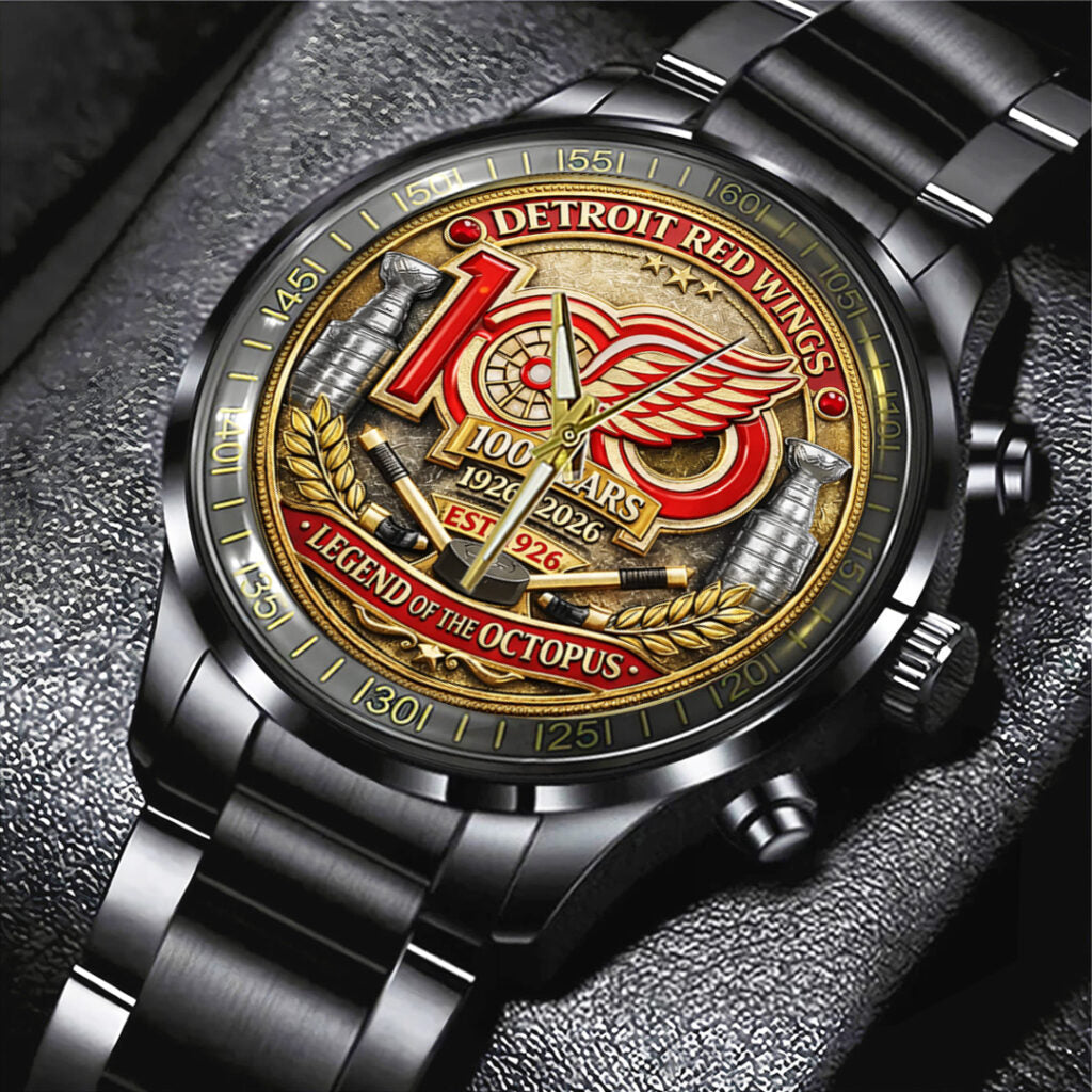 Detroit Red Wings 100th Anniversary Black Stainless Steel Watch - TANTN21495