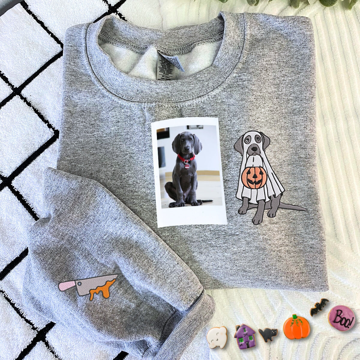 Custom Halloween Ghost Dog Portrait Sweatshirt - Embroidered Pet in Ghost Sheet Photo, Cozy Season Gift