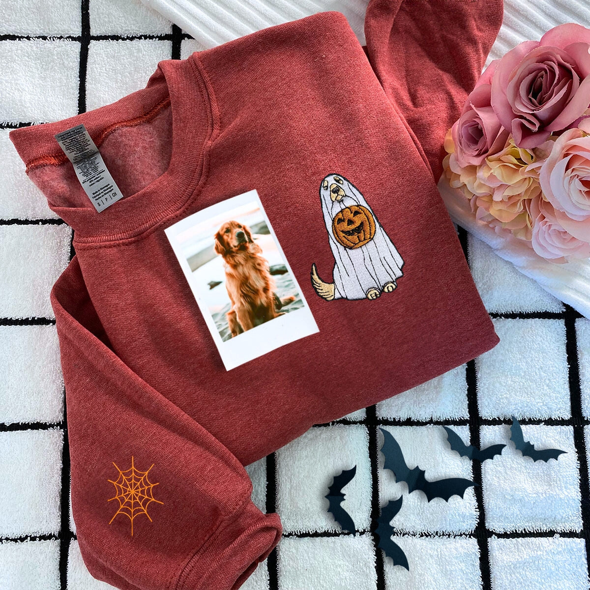 Custom Halloween Ghost Dog Portrait Sweatshirt - Embroidered Pet in Ghost Sheet Photo, Cozy Season Gift