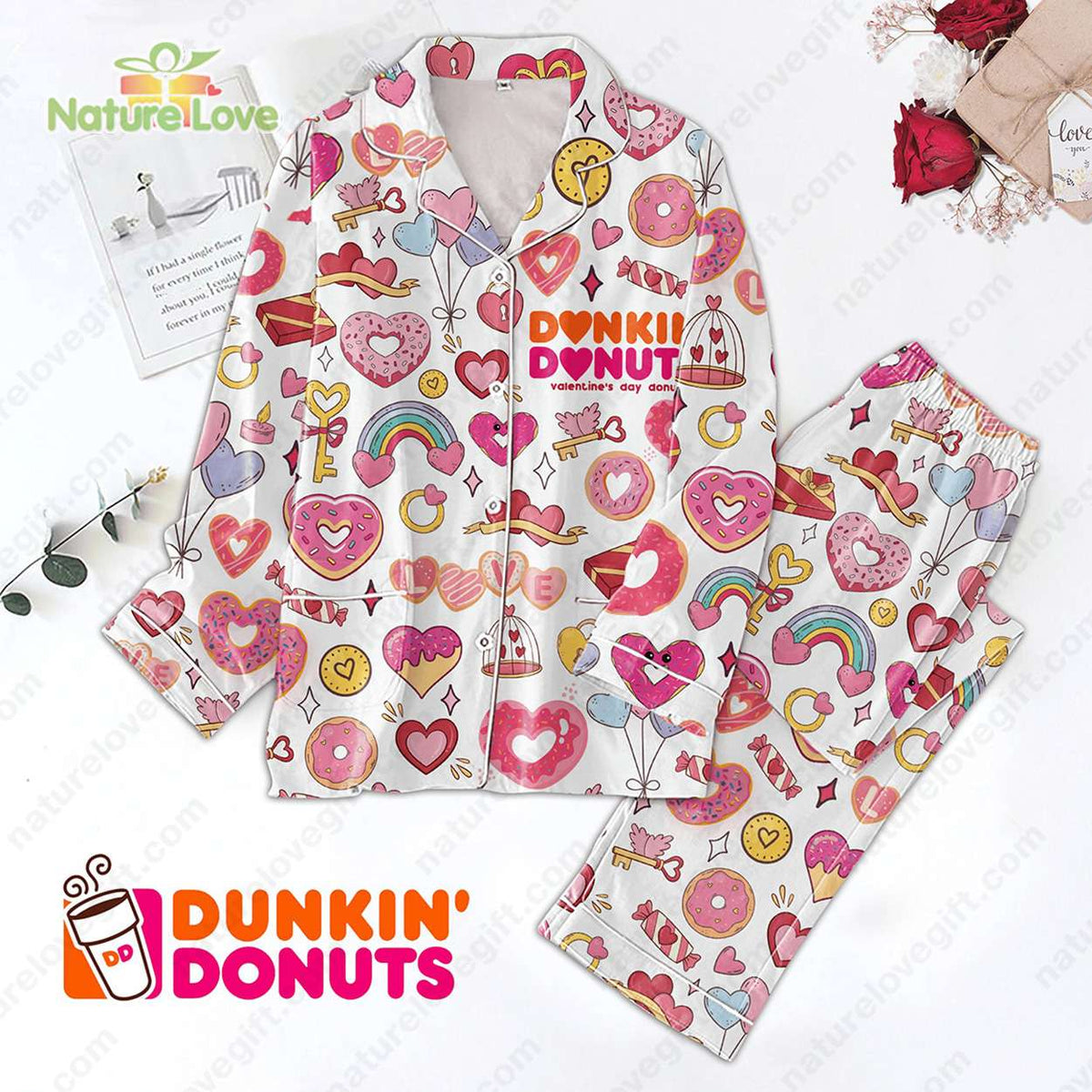 Dunkin Valentine Donuts​ Valentine’s Day Donut Pajamas Set