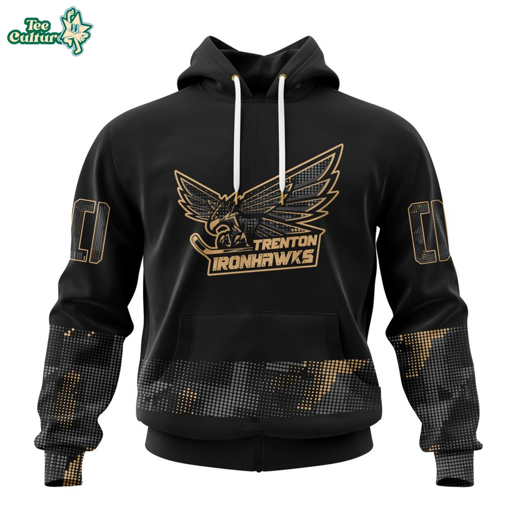 ECHL Trenton Ironhawks Personalized Camo Military Appreciation Hoodie